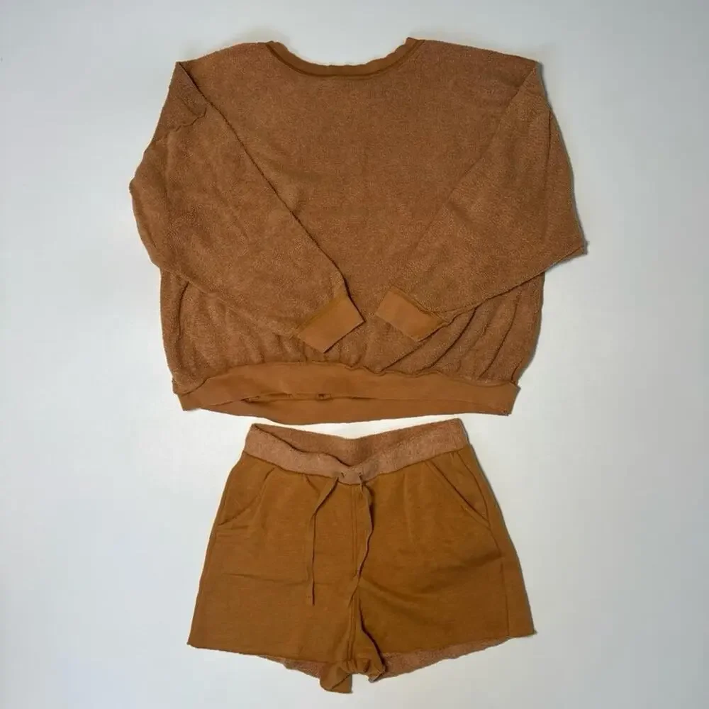 Free People Kelly Oversized Sweat Set Pullover Top Raw Hem Lounge Shorts Size XS